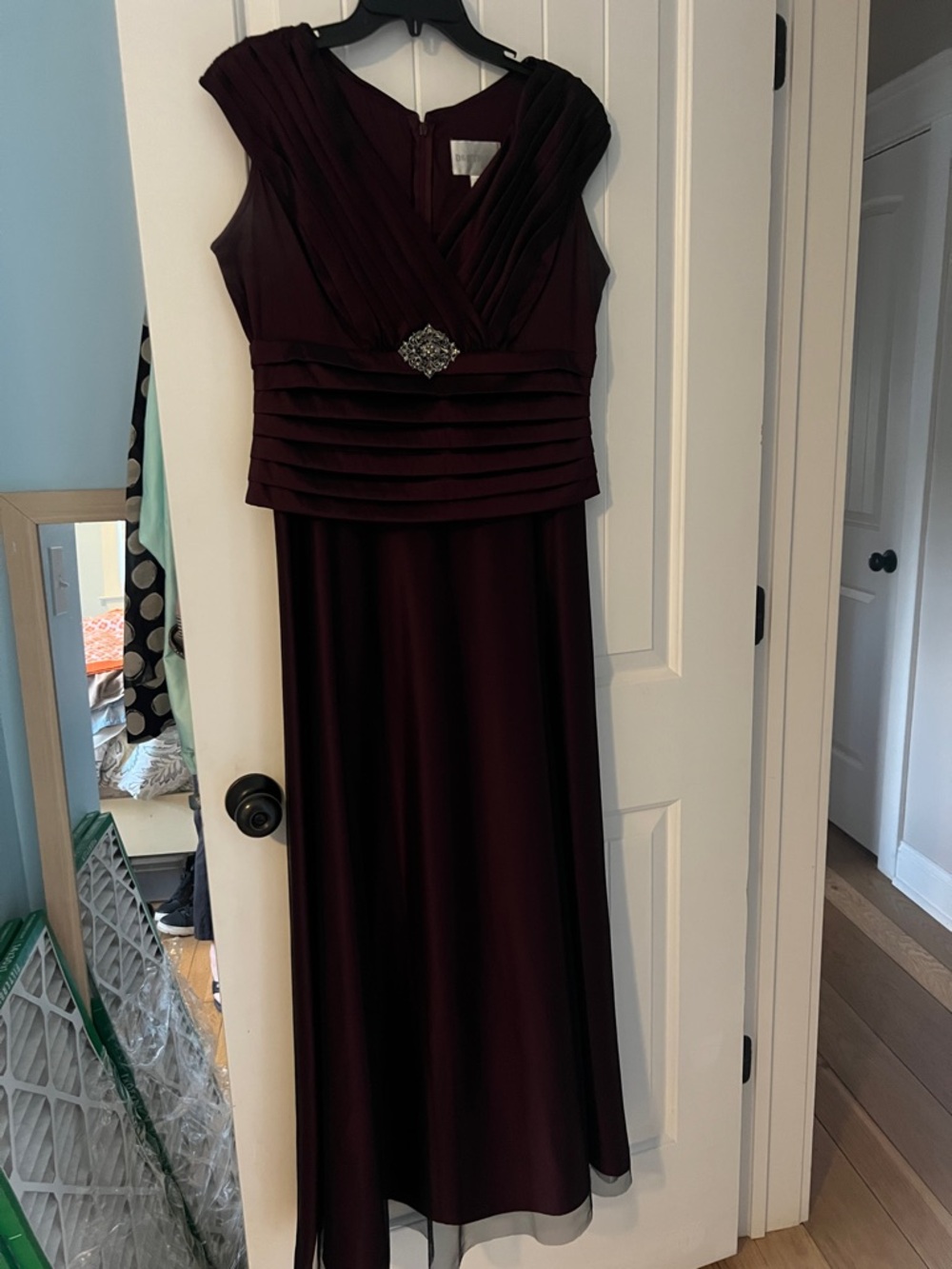 David's Bridal Burgundy Maxi Dress with Jeweled Accent